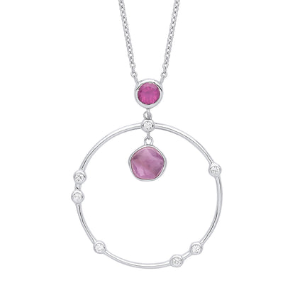 Silver  Lilac Hot Pink Amethyst CZ Pendulum Orbit Necklace 16" - GVK343