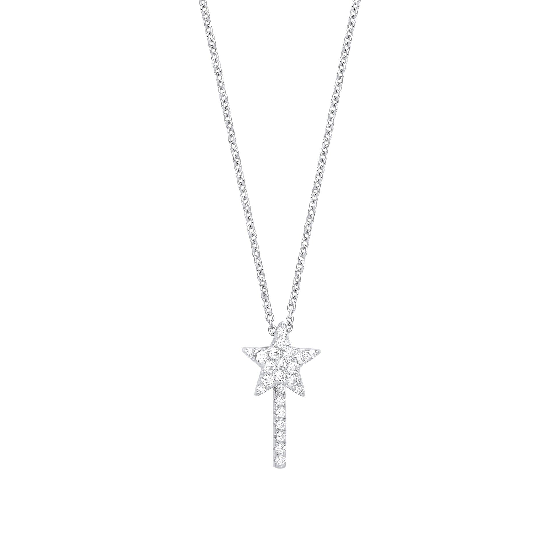 Silver  Petite Pave Shooting Star Fairy Wand Lavalier Necklace - GVK345