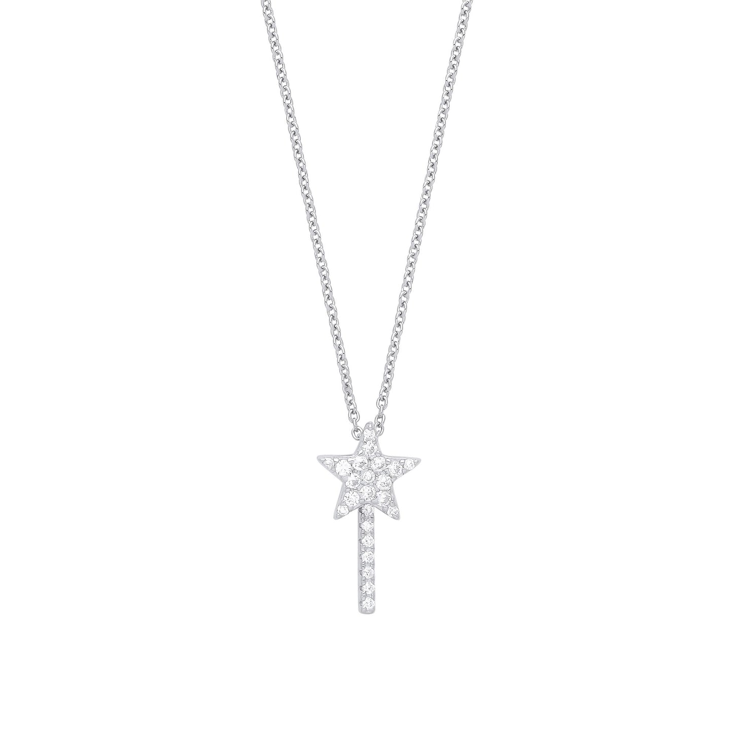 Silver  CZ Petite Pave Shooting Star Fairy Wand Necklace 16" - GVK345