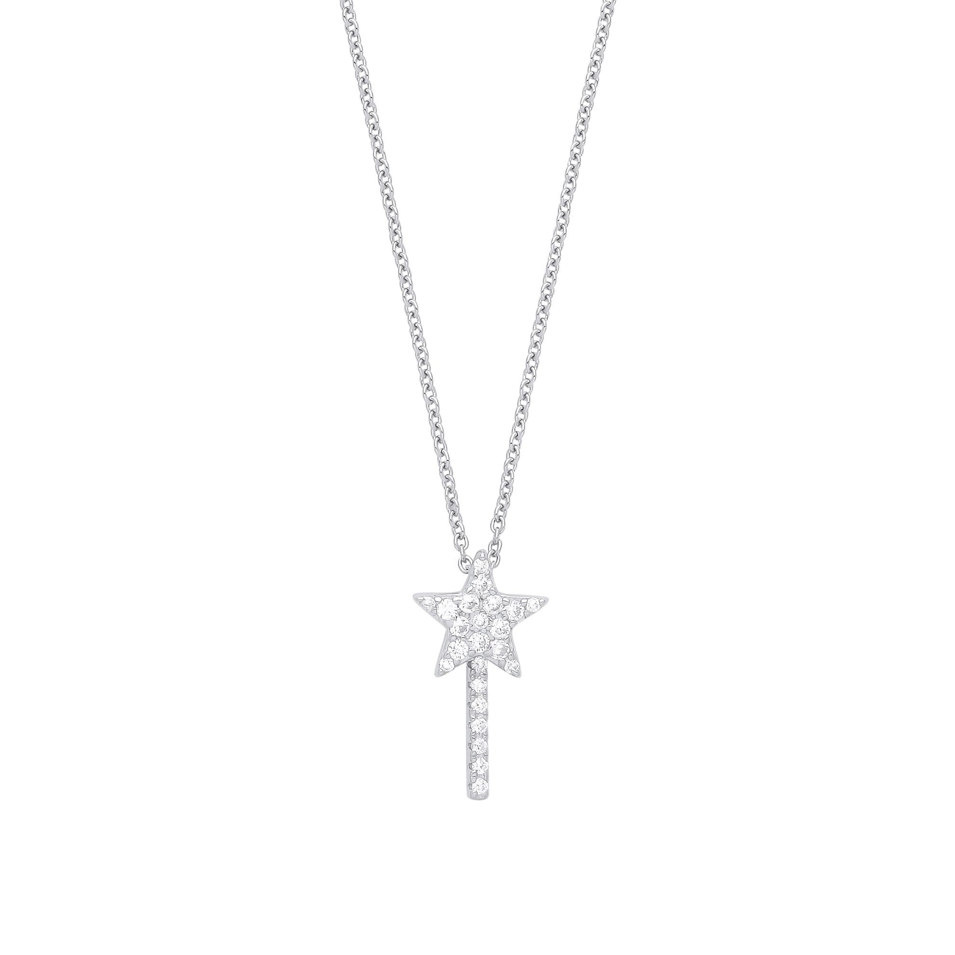 Silver  CZ Petite Pave Shooting Star Fairy Wand Necklace 16" - GVK345