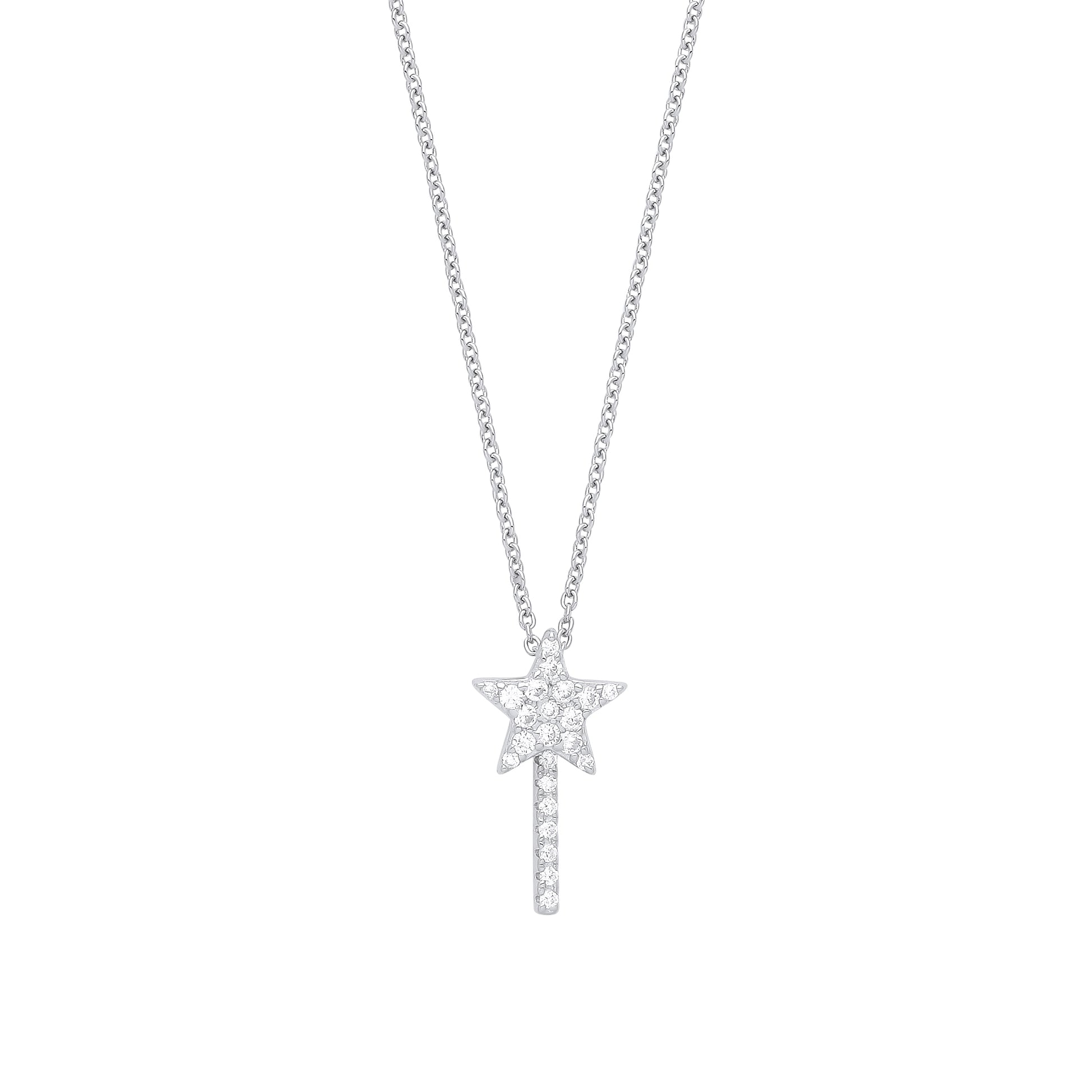 Silver  CZ Petite Pave Shooting Star Fairy Wand Necklace 16" - GVK345