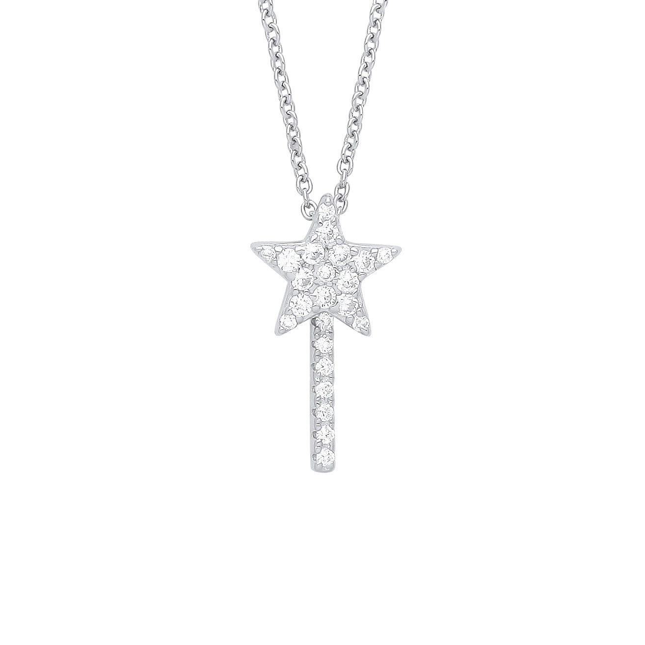 Silver  CZ Petite Pave Shooting Star Fairy Wand Necklace 16" - GVK345