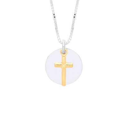 Gilded Silver  Cross Charm & Round Disc Lavalier Necklace 16 + 1" - GVK347