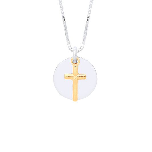 Gilded Silver  Cross Charm & Round Disc Lavalier Necklace 16 + 1" - GVK347