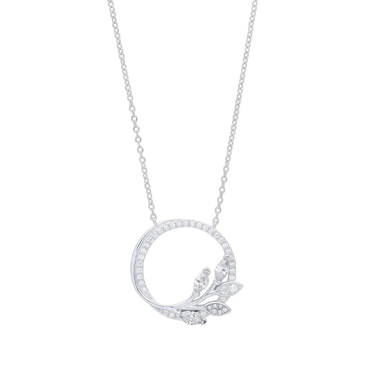 Silver  Marquise CZ Olive Leaf Branch Circle of Life Necklace 18" - GVK357