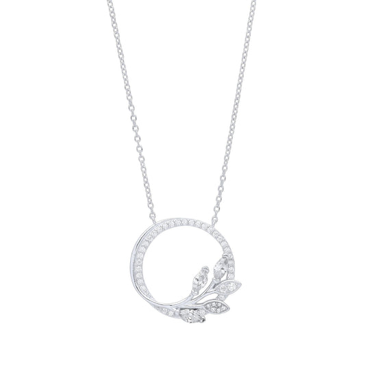 Silver  Marquise CZ Olive Leaf Branch Circle of Life Necklace 18" - GVK357