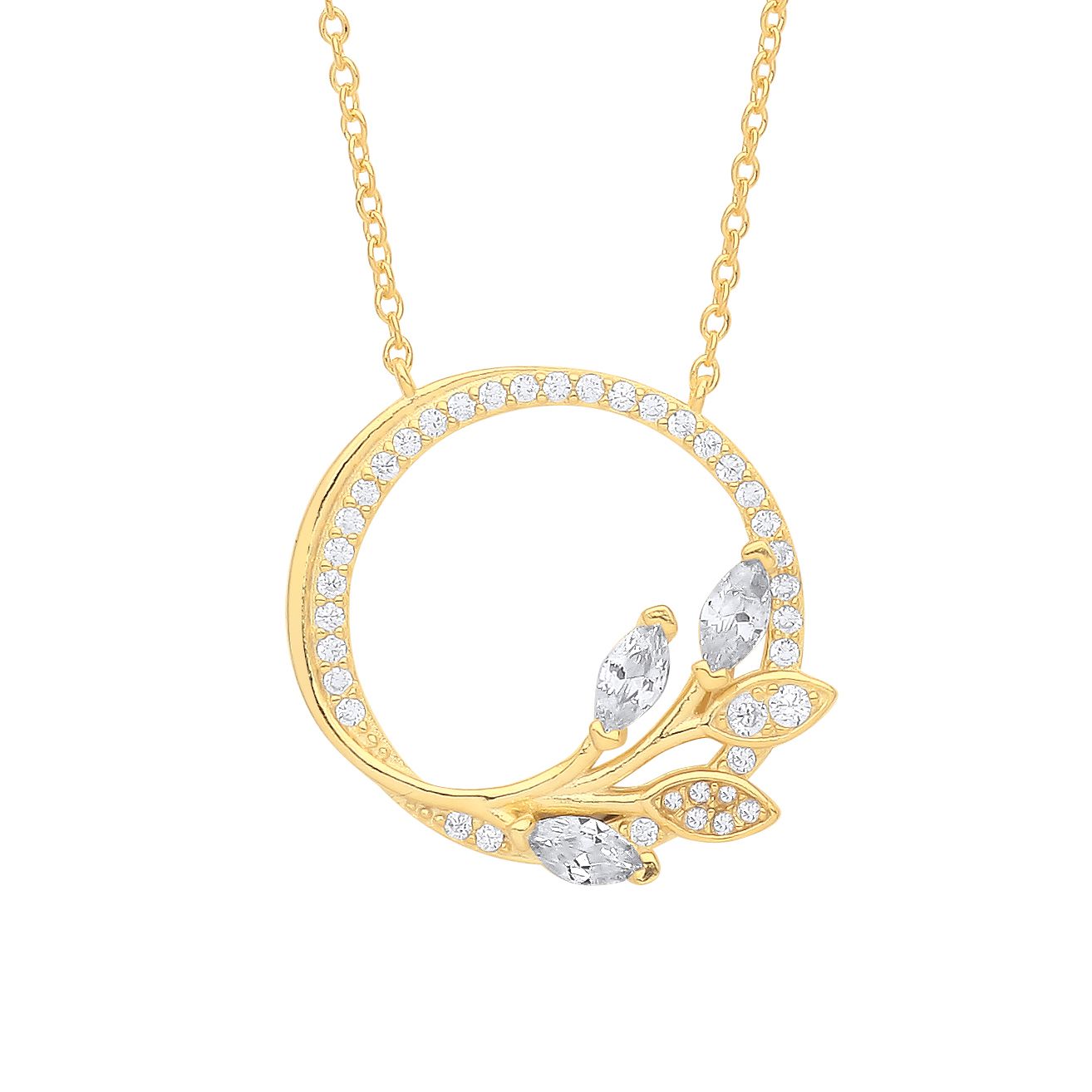 Gilded Silver  CZ Olive Leaf Branch Circle of Life Necklace 18" - GVK357G