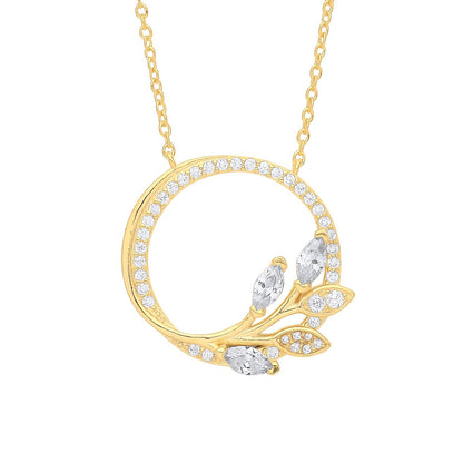Gilded Silver  CZ Olive Leaf Branch Circle of Life Necklace 18" - GVK357G