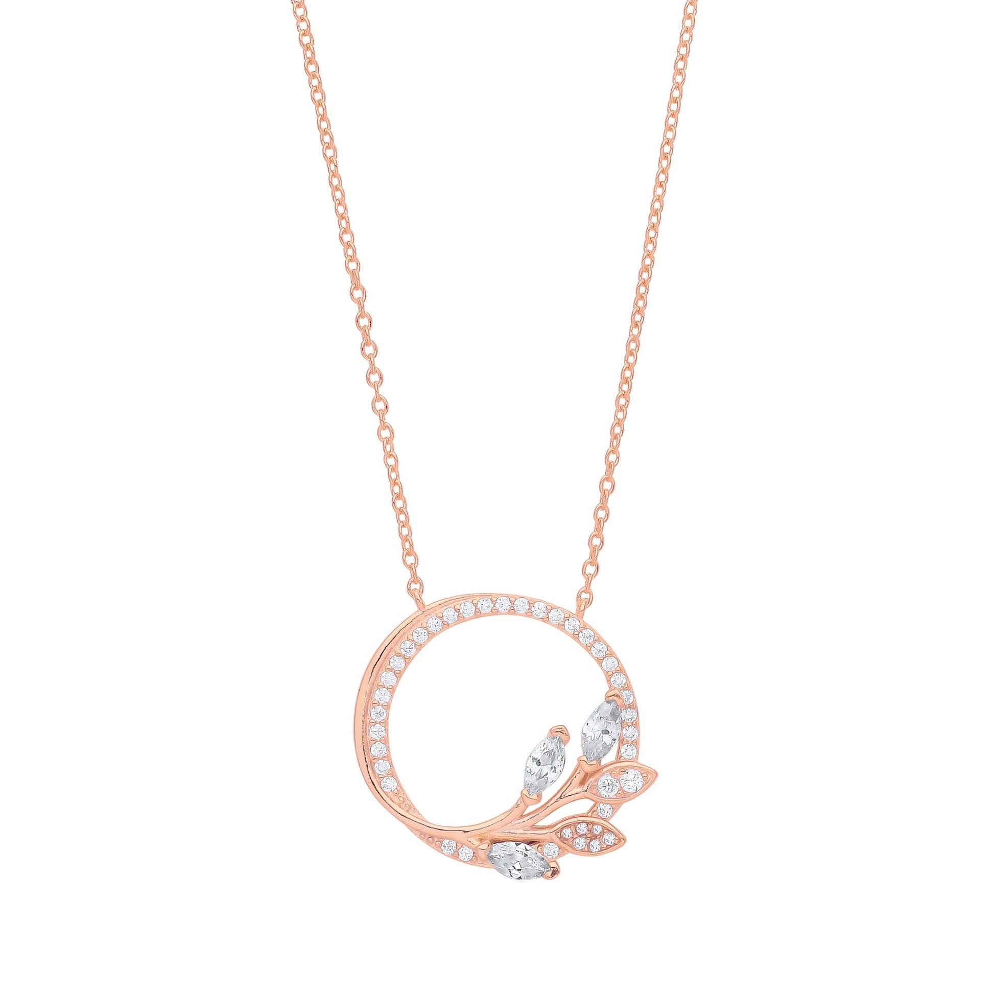 Silver  Marquise CZ Olive Leaf Branch Circle of Life Necklace 18" - GVK357R