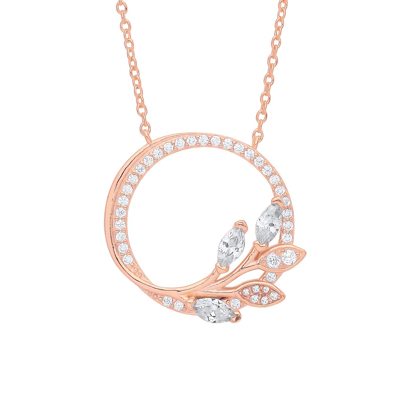 Silver  Marquise CZ Olive Leaf Branch Circle of Life Necklace 18" - GVK357R