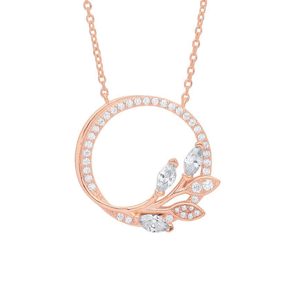Silver  Marquise CZ Olive Leaf Branch Circle of Life Necklace 18" - GVK357R