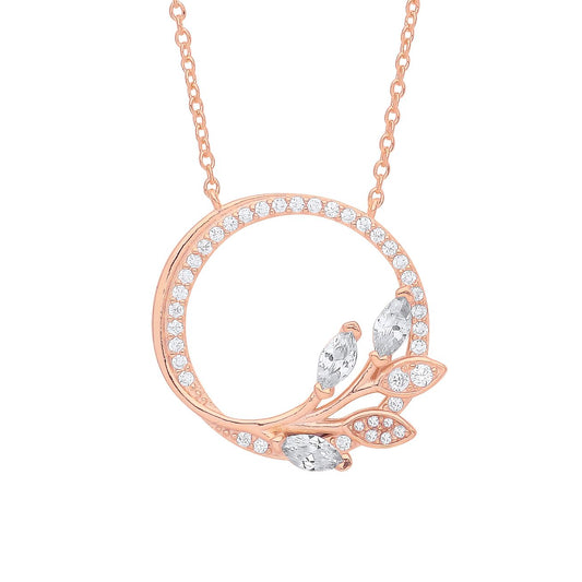 Silver  Marquise CZ Olive Leaf Branch Circle of Life Necklace 18" - GVK357R