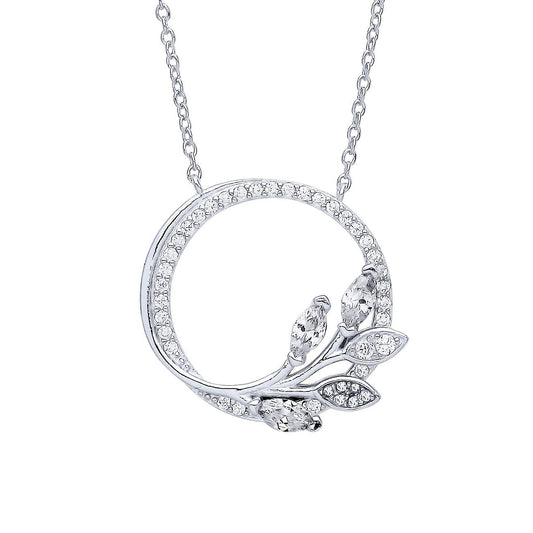 Silver Marquise CZ Olive Leaf Branch Circle of Life Necklace 18" - GVK357