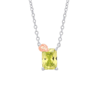 Rose Silver  Green Radiant CZ Ladybird Toi et Moi Necklace 18" - GVK358