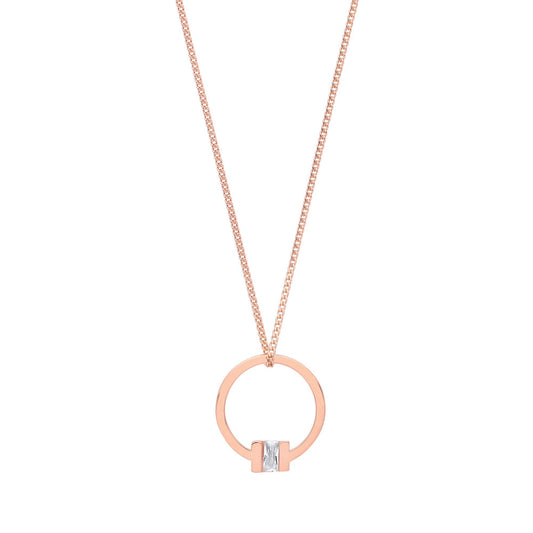 Rose Silver  Radiant CZ Circular Square T Bar Necklace 18" - GVK360R