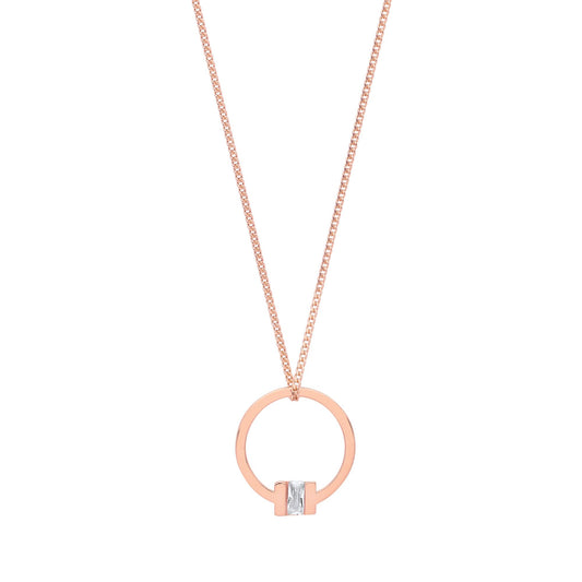 Rose Silver  Radiant CZ Circular Square T Bar Necklace 18" - GVK360R