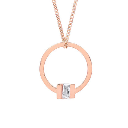 Rose Silver  Radiant CZ Circular Square T Bar Necklace 18" - GVK360R