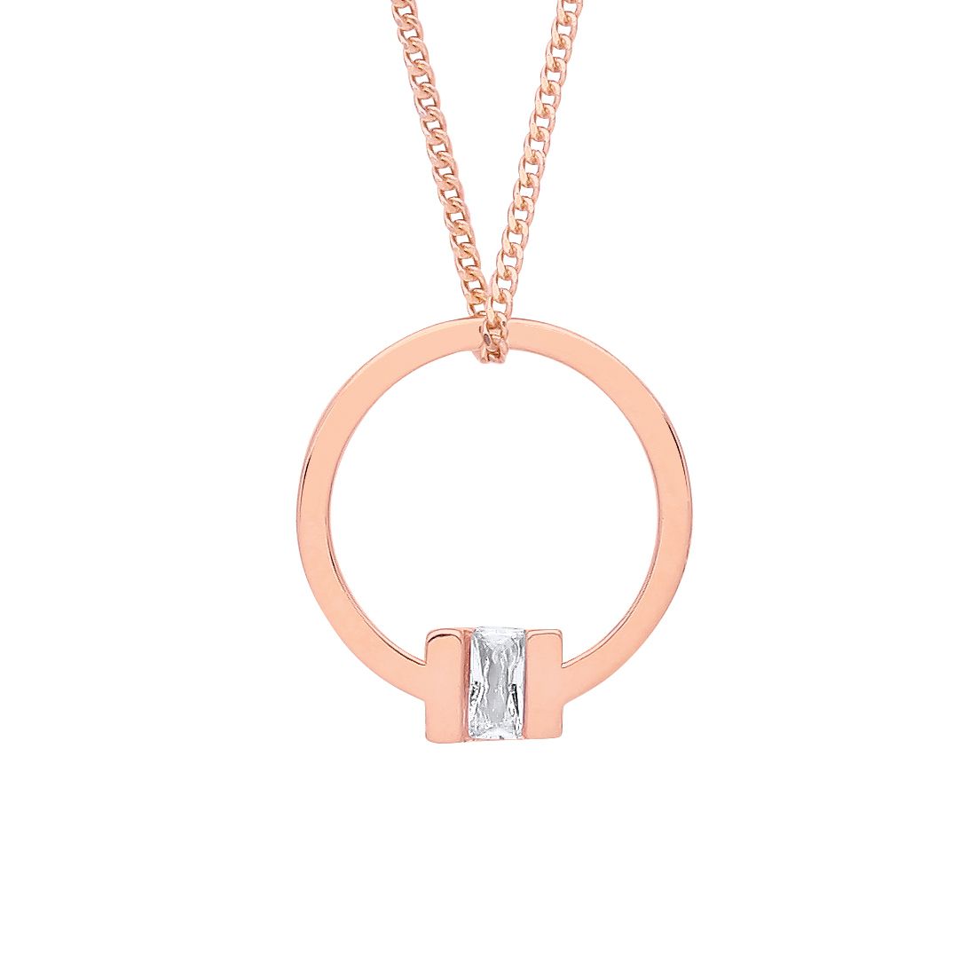 Rose Silver  Radiant CZ Circular Square T Bar Necklace 18" - GVK360R