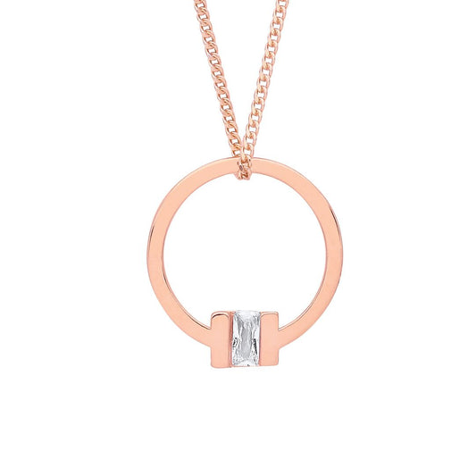 Rose Silver  Radiant CZ Circular Square T Bar Necklace 18" - GVK360R