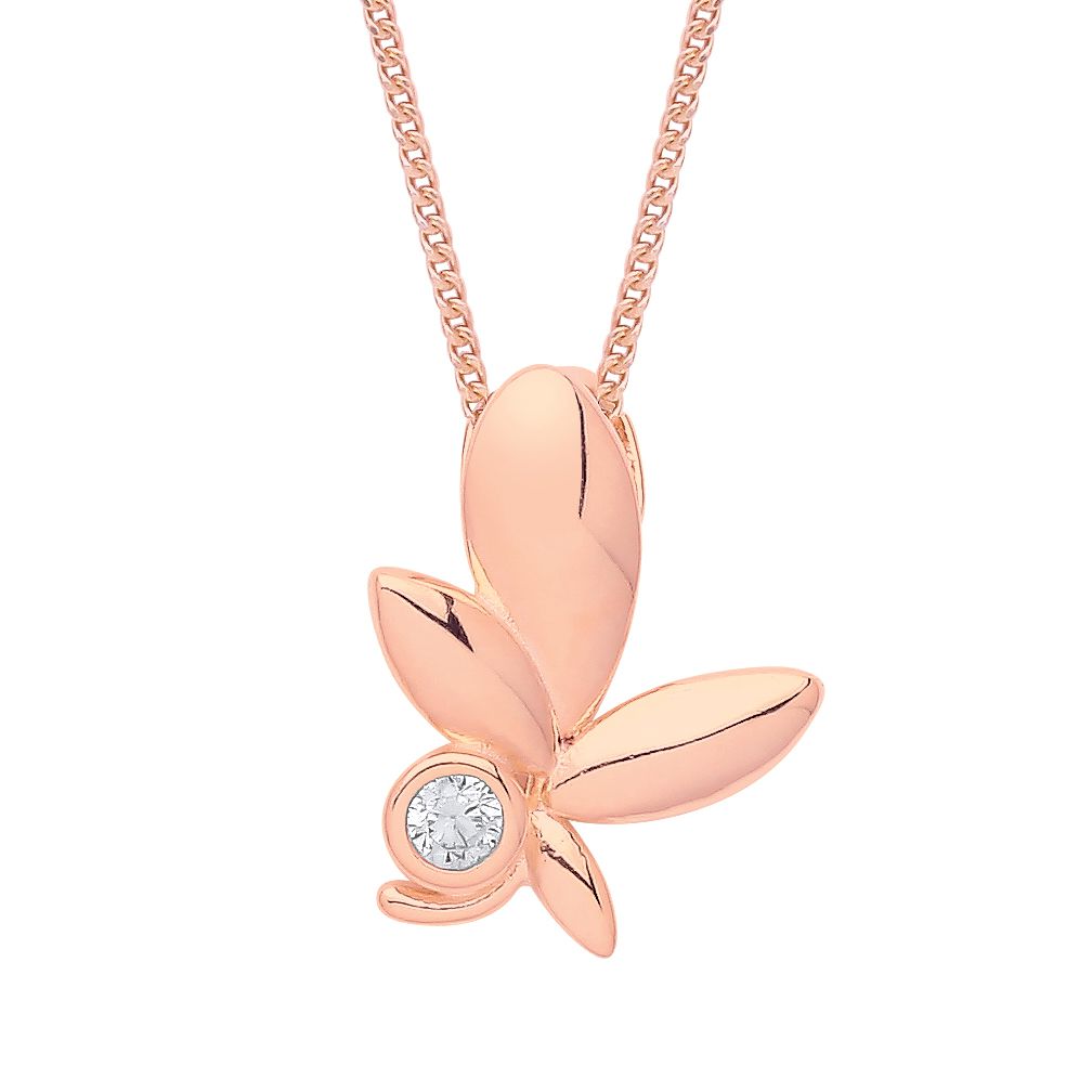 Rose Silver  CZ Olive Leaf Solitaire Lavalier Necklace 18 + 1 inch - GVK361R