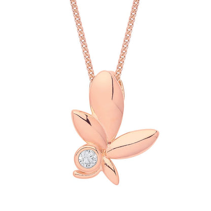 Rose Silver  CZ Olive Leaf Solitaire Lavalier Necklace 18 + 1 inch - GVK361R