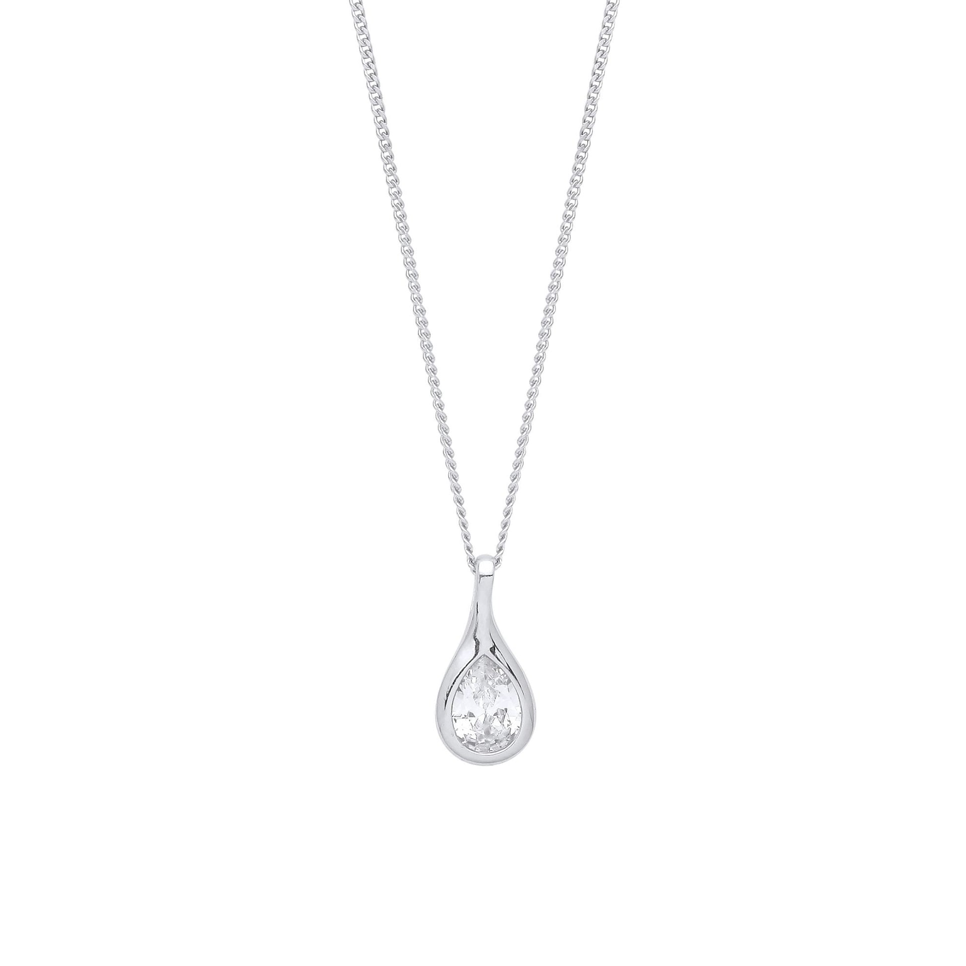 Silver  Pear CZ Blob Tear Drop Solitaire Lavalier Necklace 18 + 1" - GVK362