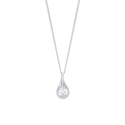 Silver  Pear CZ Blob Tear Drop Solitaire Lavalier Necklace 18 + 1" - GVK362