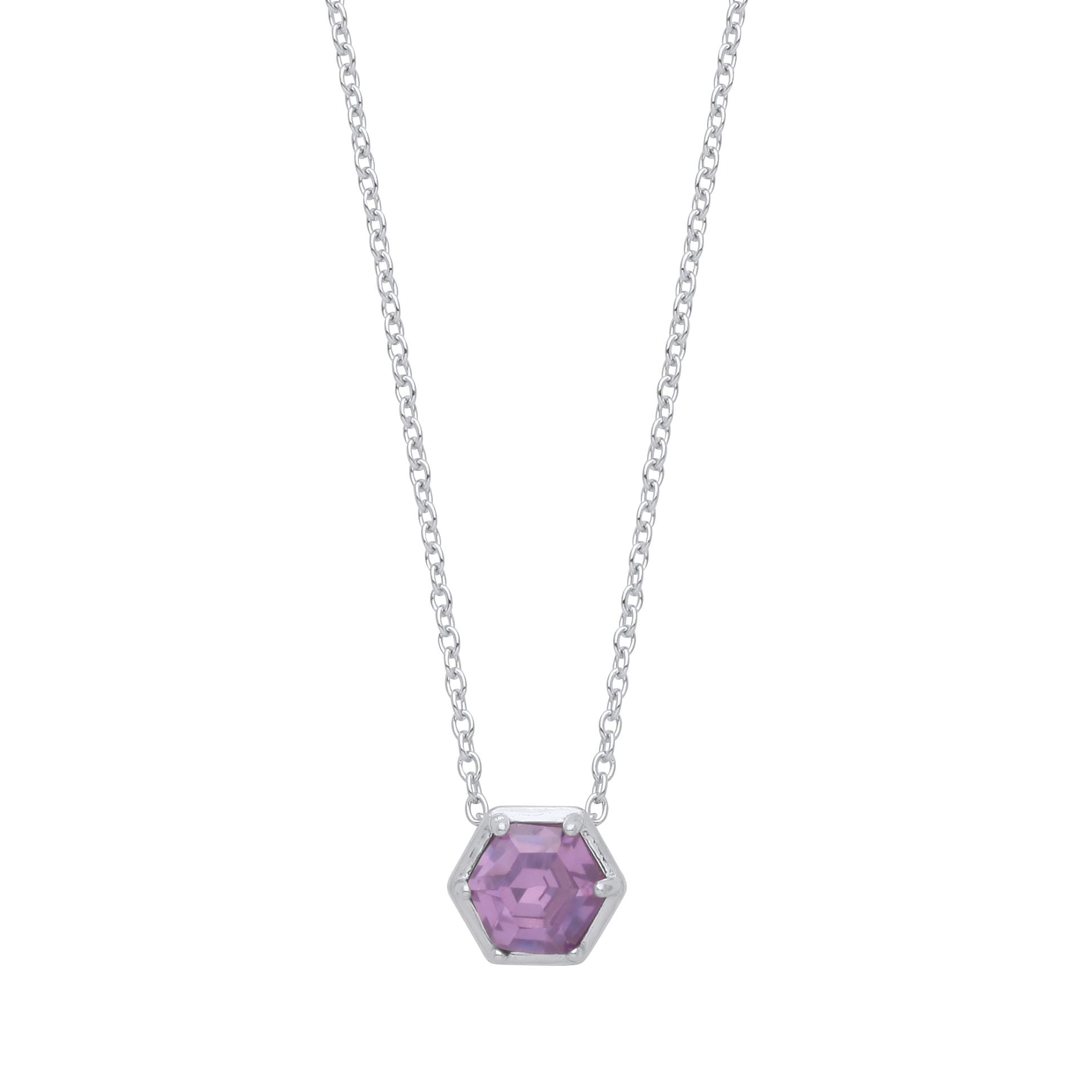 Silver  Purple Hexagon Honeycomb CZ Bezel Solitaire Necklace 18" - GVK363AM