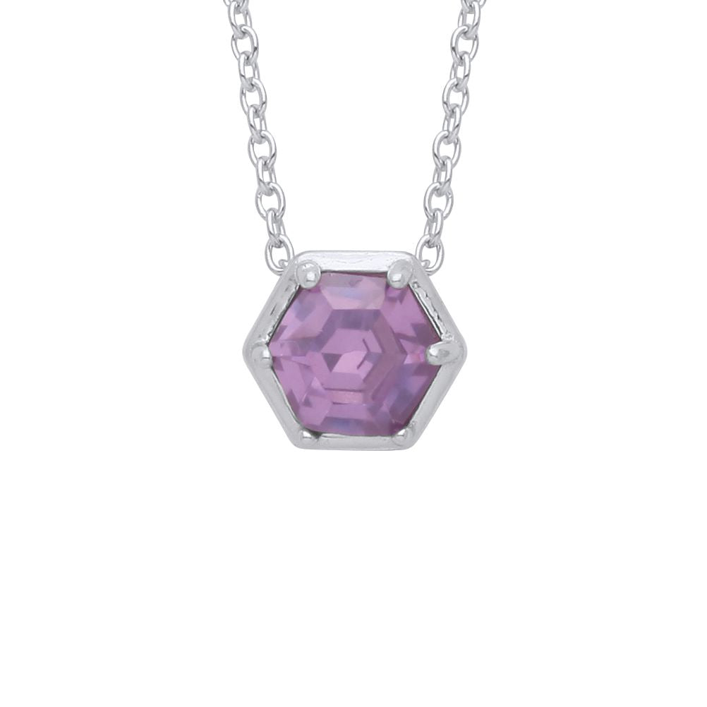 Silver  Purple Hexagon Honeycomb CZ Bezel Solitaire Necklace 18" - GVK363AM