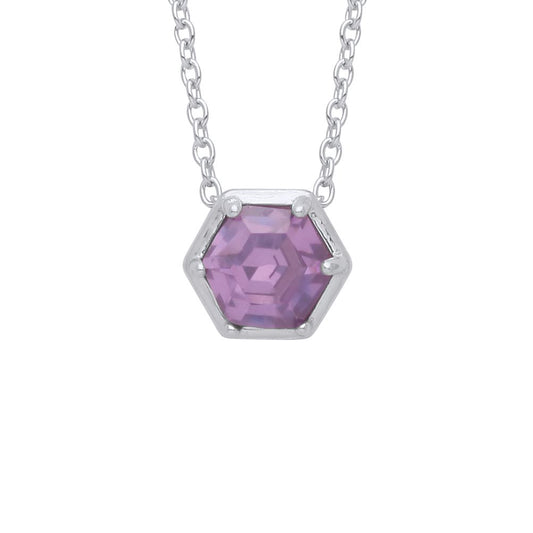 Silver  Purple Hexagon Honeycomb CZ Bezel Solitaire Necklace 18" - GVK363AM