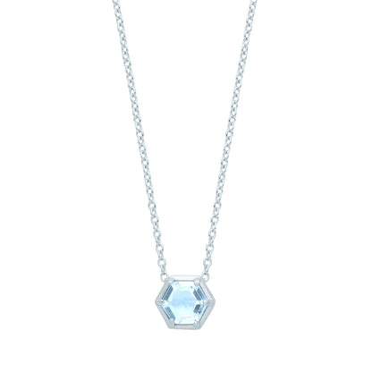 Silver  Blue Hexagon Honeycomb CZ Bezel Solitaire Necklace 18" - GVK363BT