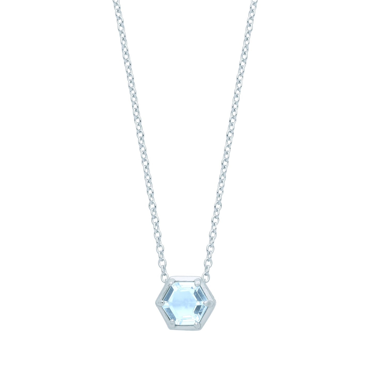 Silver  Blue Hexagon Honeycomb CZ Bezel Solitaire Necklace 18" - GVK363BT