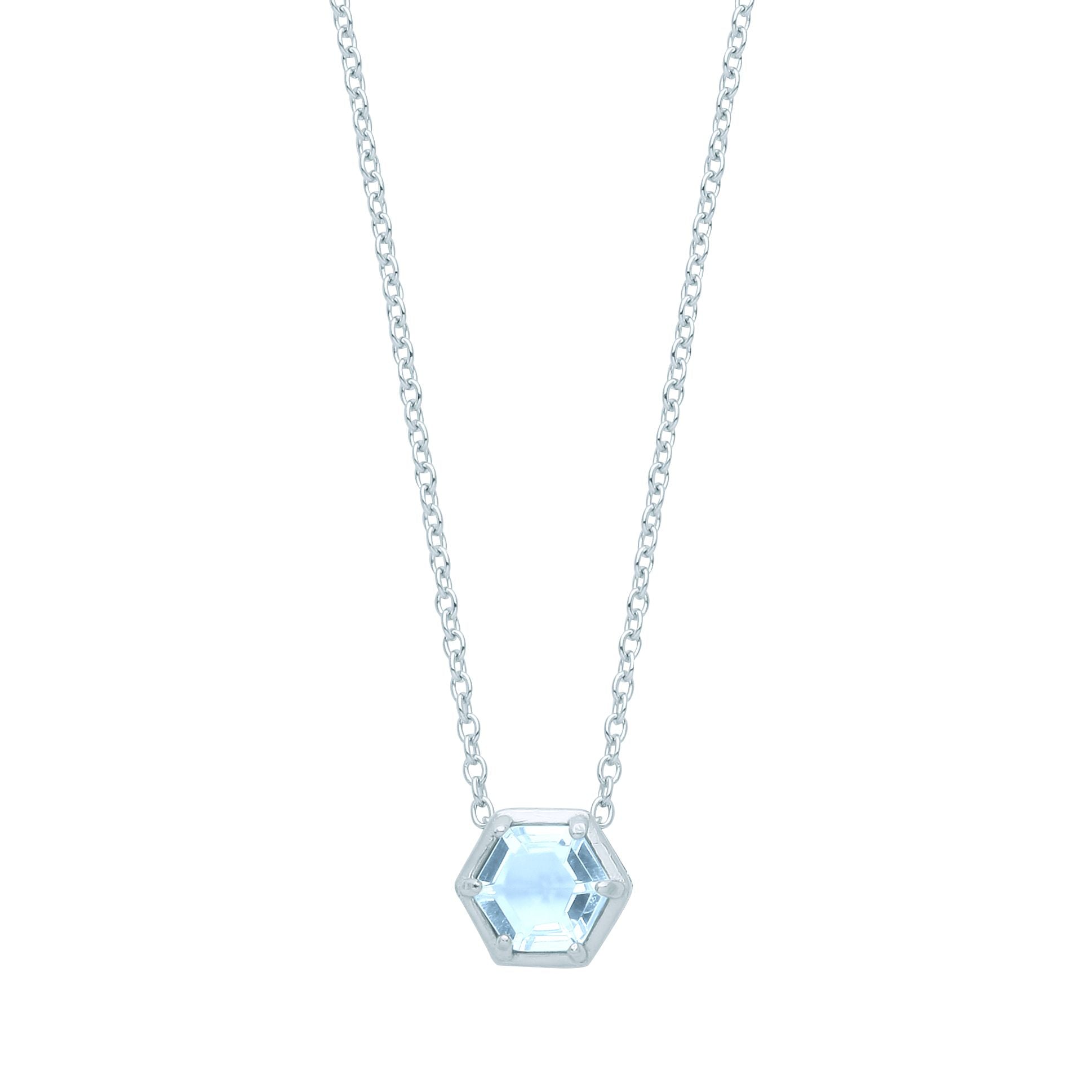 Silver  Blue Hexagon Honeycomb CZ Bezel Solitaire Necklace 18" - GVK363BT