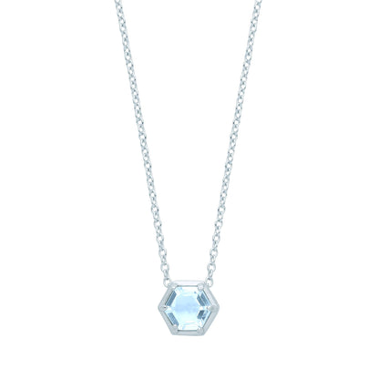 Silver  Blue Hexagon Honeycomb CZ Bezel Solitaire Necklace 18" - GVK363BT