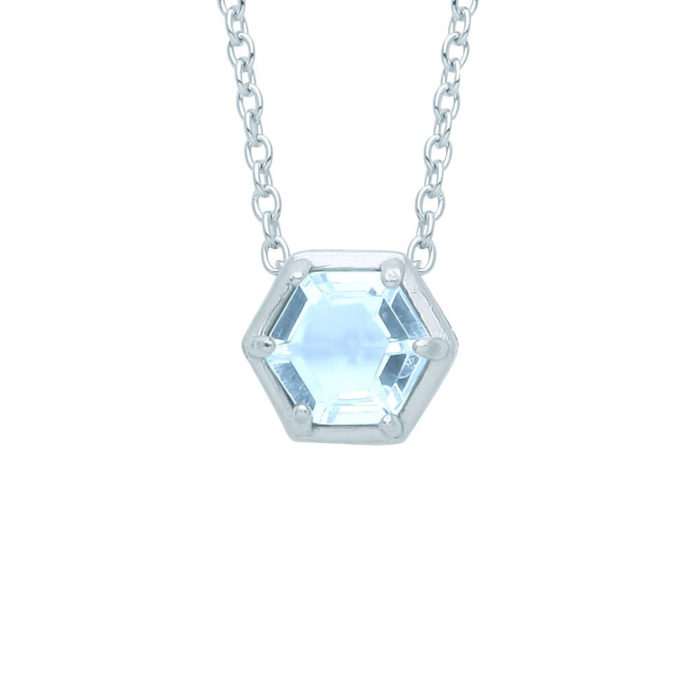Silver  Blue Hexagon Honeycomb CZ Bezel Solitaire Necklace 18" - GVK363BT