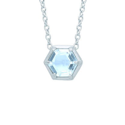 Silver  Blue Hexagon Honeycomb CZ Bezel Solitaire Necklace 18" - GVK363BT
