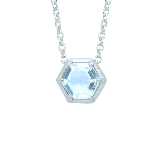 Silver  Blue Hexagon Honeycomb CZ Bezel Solitaire Necklace 18" - GVK363BT