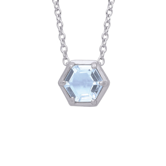 Silver  Blue Hexagon Honeycomb CZ Bezel Solitaire Necklace 18" - GVK363BT