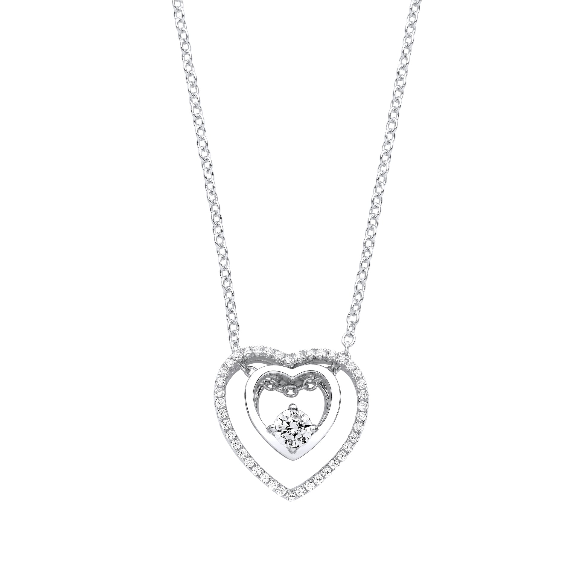 Silver  Inside Out Double Love Heart Solitaire Lavalier Necklace - GVK364