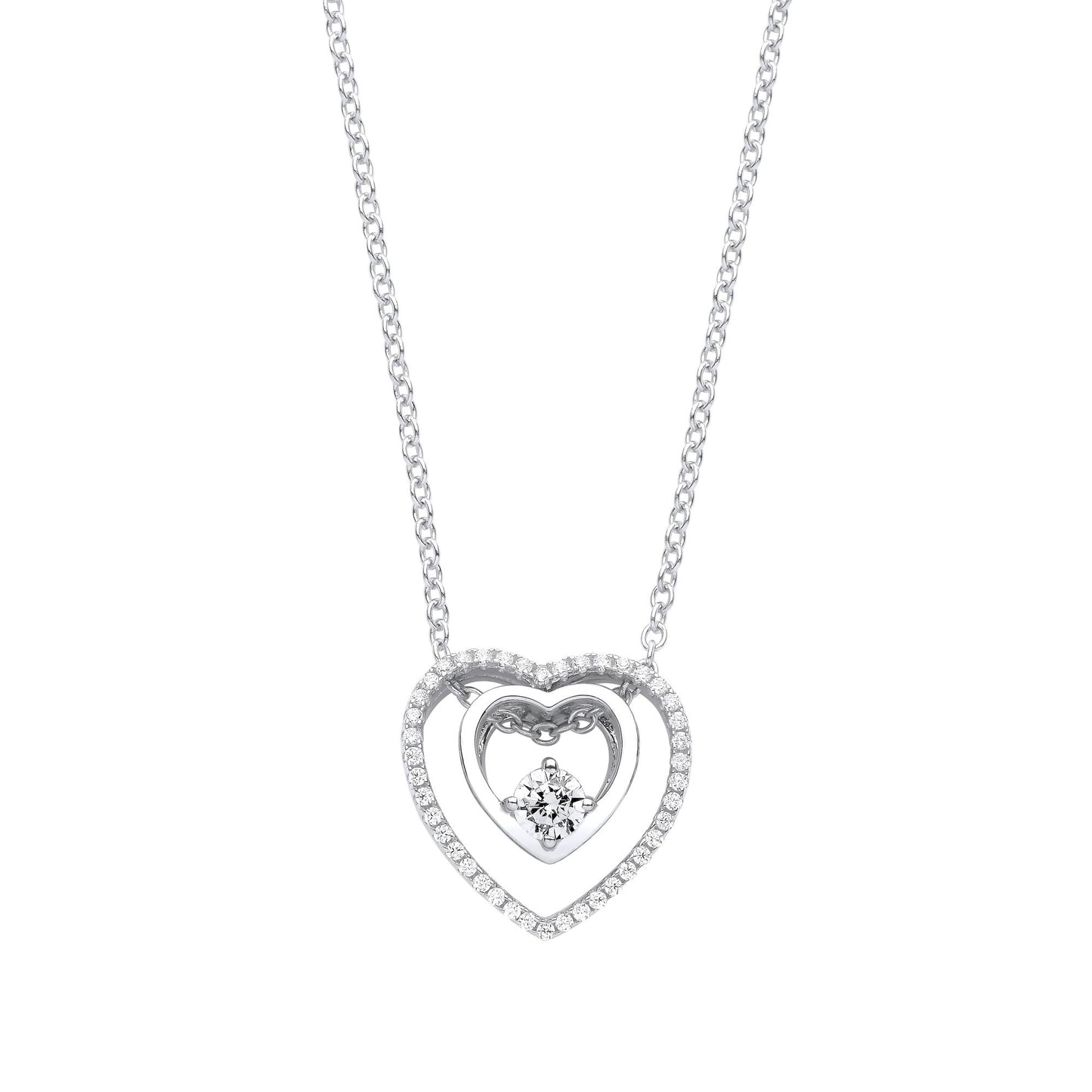 Silver  CZ Inside Out Double Heart Solitaire Lavalier Necklace 20" - GVK364