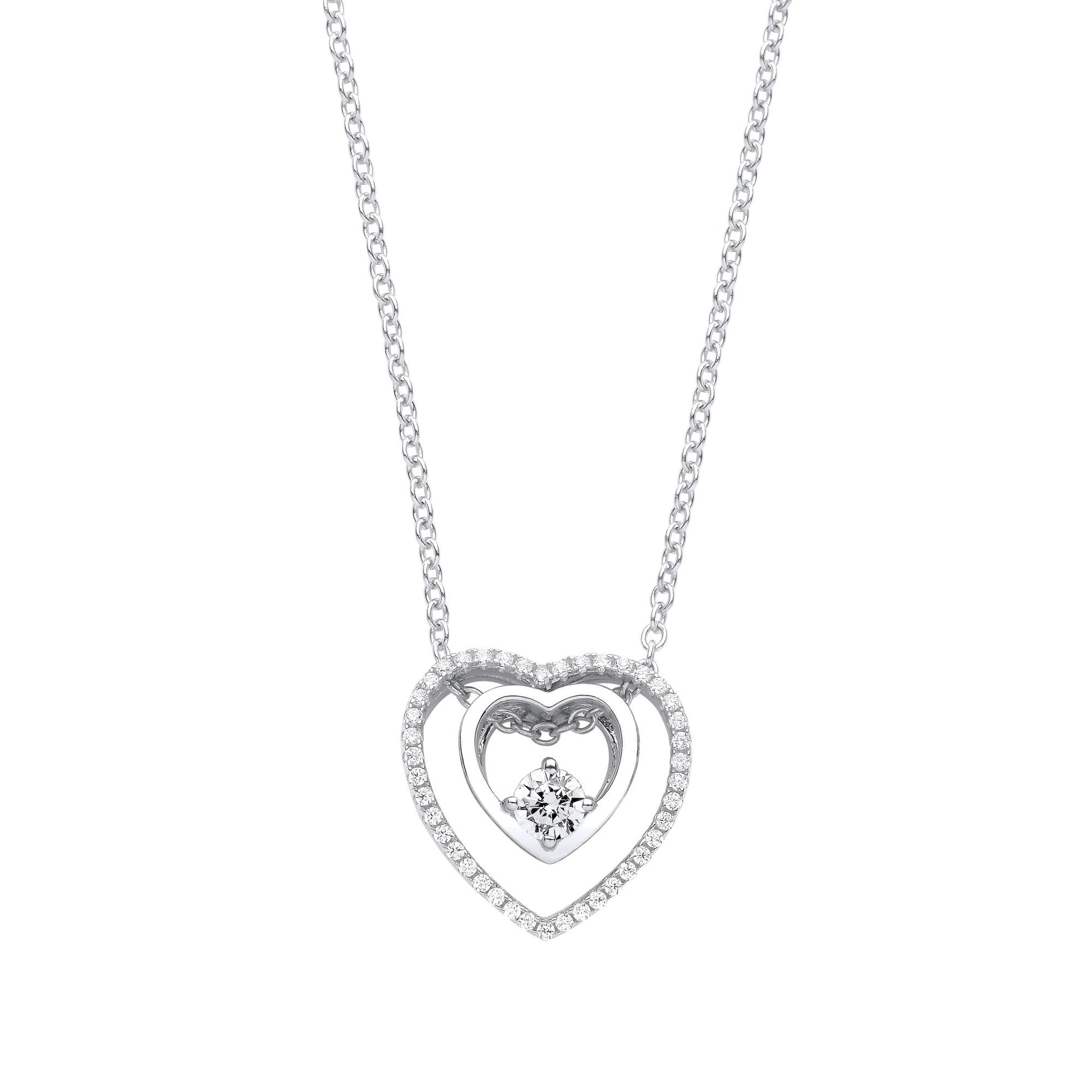 Silver  CZ Inside Out Double Heart Solitaire Lavalier Necklace 20" - GVK364