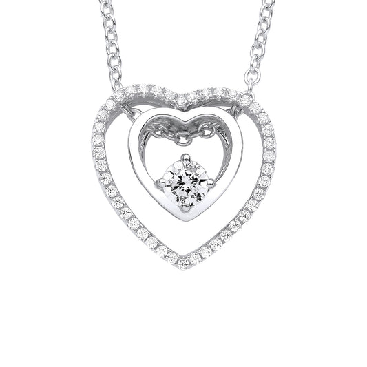 Silver  Inside Out Double Love Heart Solitaire Lavalier Necklace - GVK364