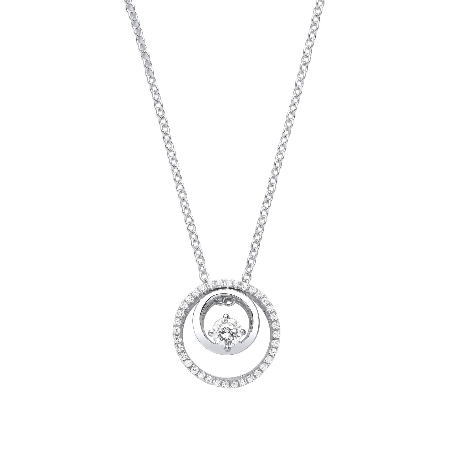 Silver  CZ Double Circle of Life Solitaire Lavalier Necklace 20" - GVK366