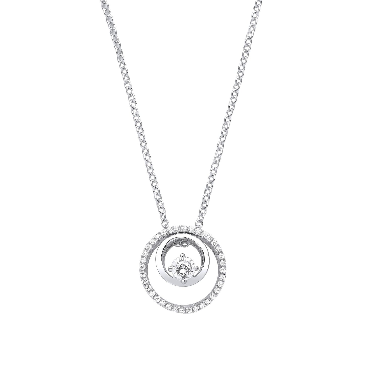 Silver  CZ Double Circle of Life Solitaire Lavalier Necklace 20" - GVK366