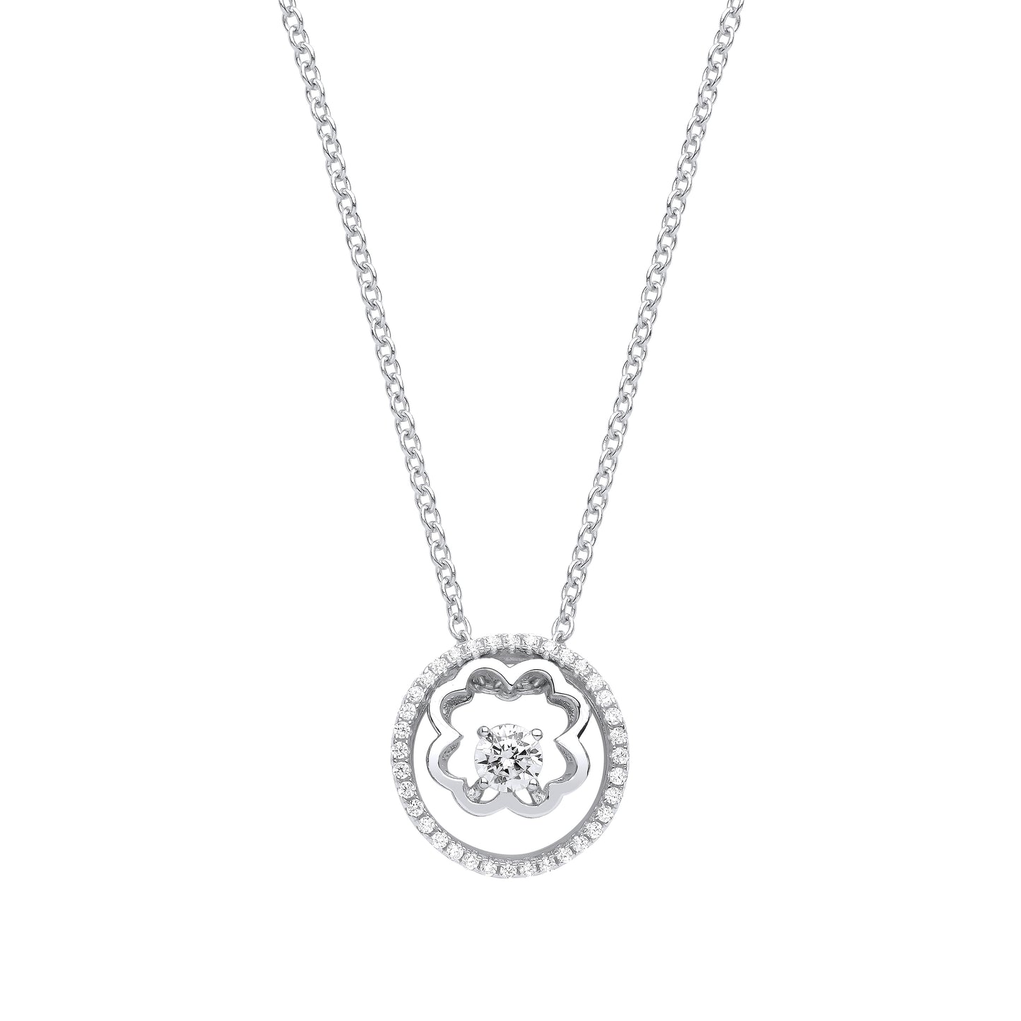 Silver  4 Leaf Clover Circle of Life Solitaire Lavalier Necklace - GVK367