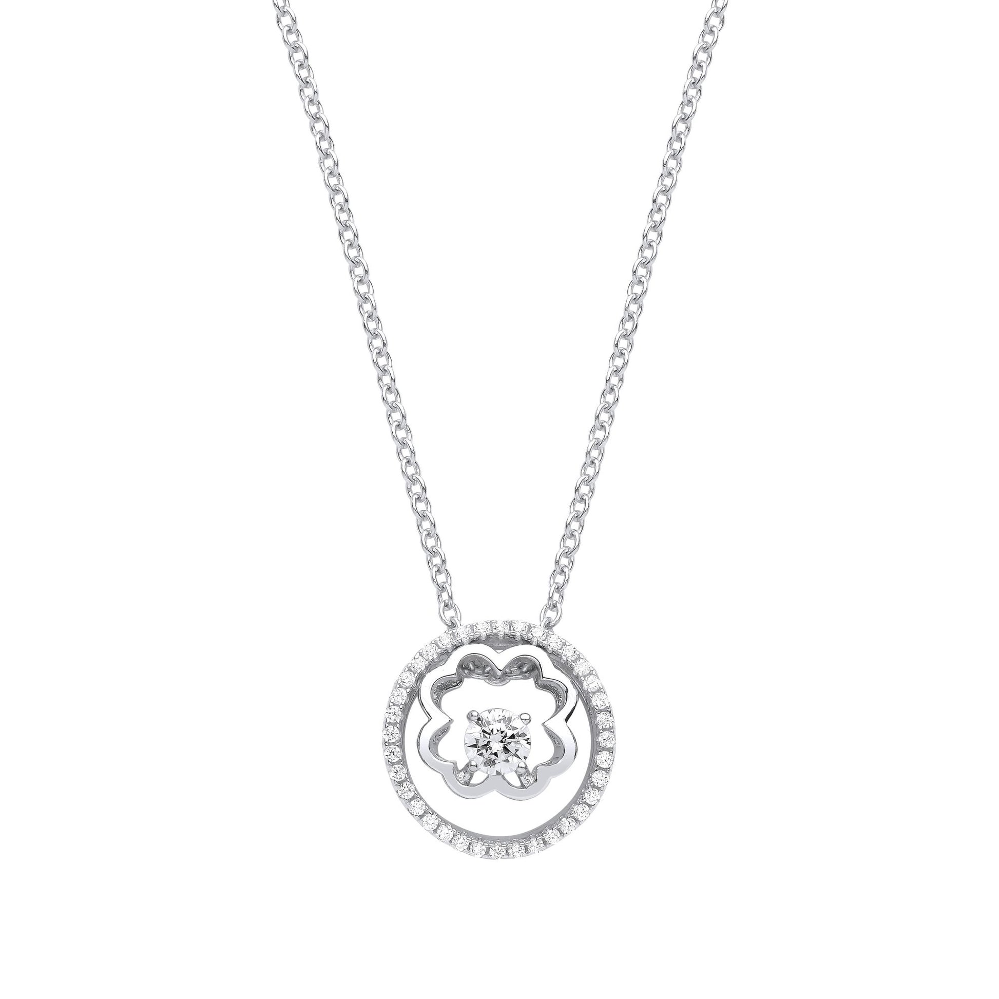 Silver  CZ 4 Leaf Clover Circle of Life Solitaire Necklace 20" - GVK367