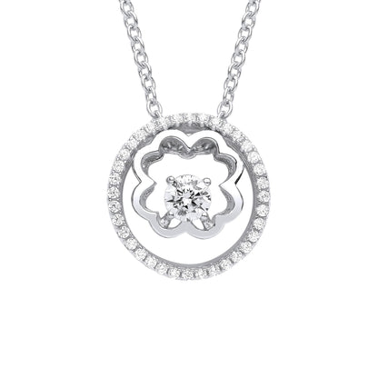 Silver  CZ 4 Leaf Clover Circle of Life Solitaire Necklace 20" - GVK367