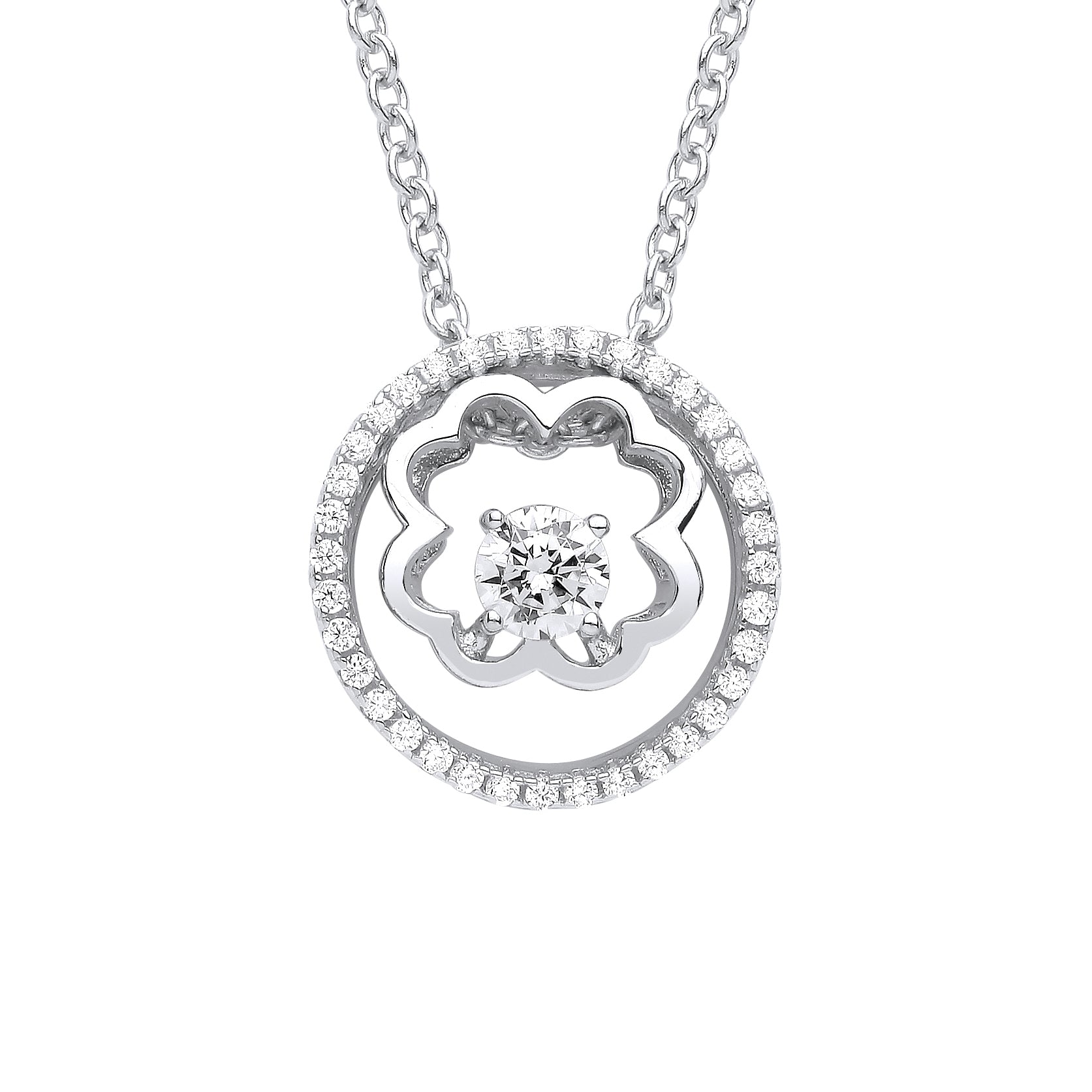 Silver  CZ 4 Leaf Clover Circle of Life Solitaire Necklace 20" - GVK367