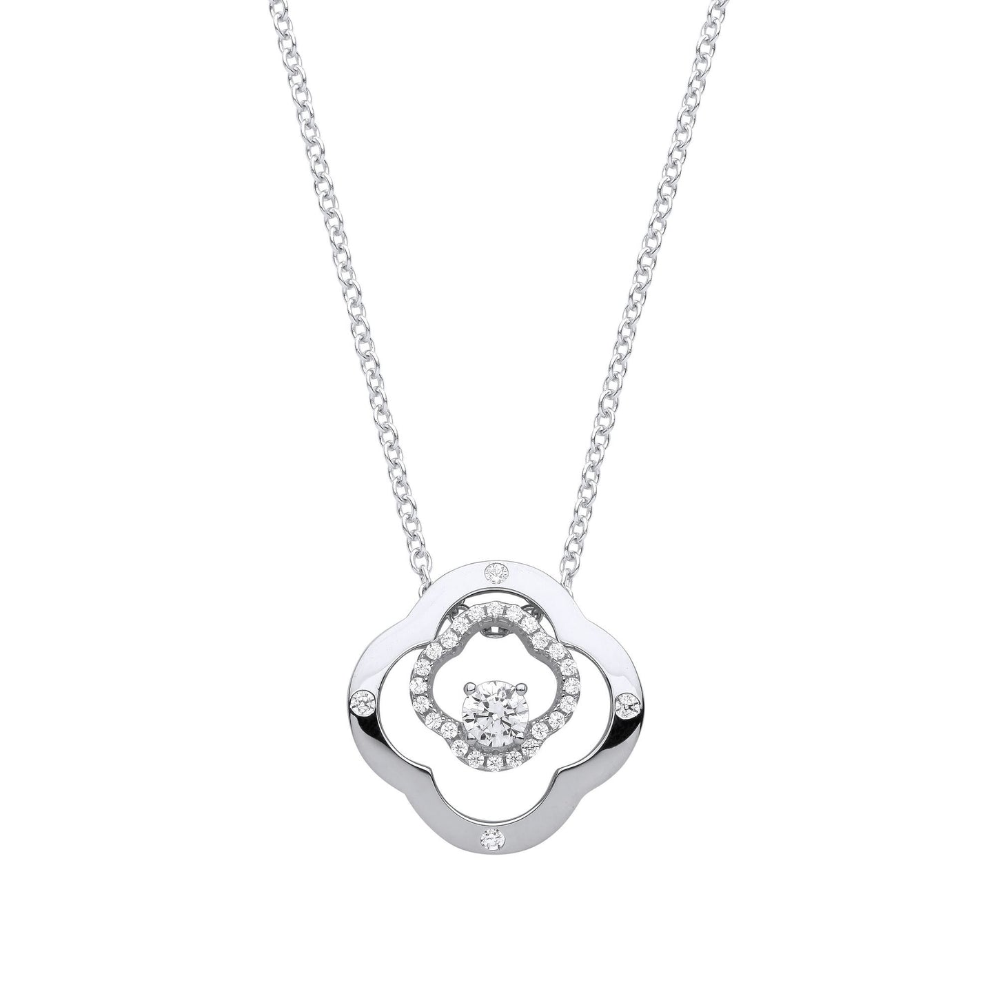 Silver  CZ Double 4 Leaf CloverSolitaire Lavalier Necklace 18 + 2" - GVK368