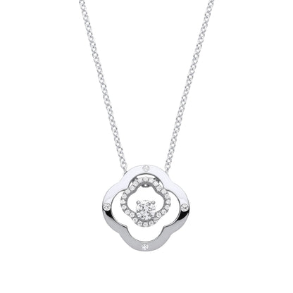 Silver  CZ Double 4 Leaf CloverSolitaire Lavalier Necklace 18 + 2" - GVK368